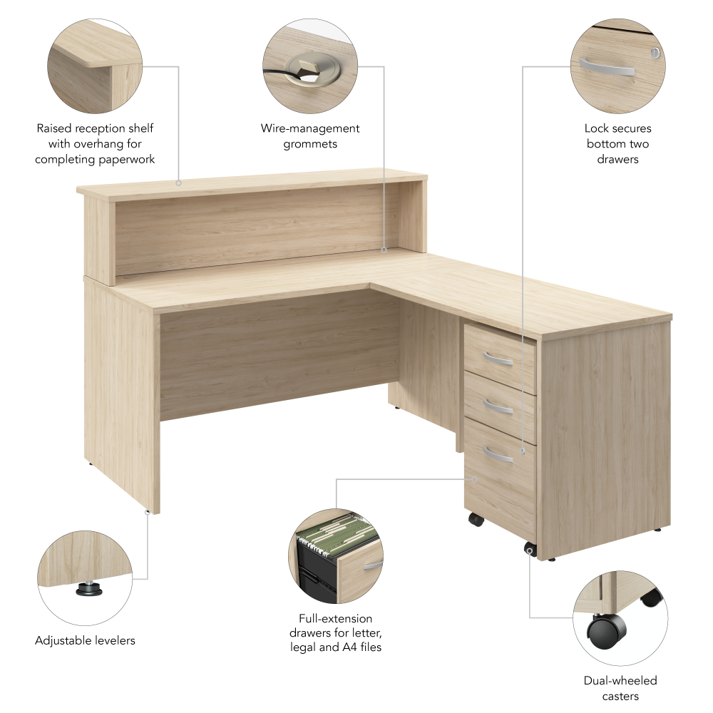 Shop Bush Business Furniture Arrive 60W x 72D L Shaped Reception Desk with Shelf and Mobile File Cabinet, Image 08, ARV004NE, #color_natural elm
