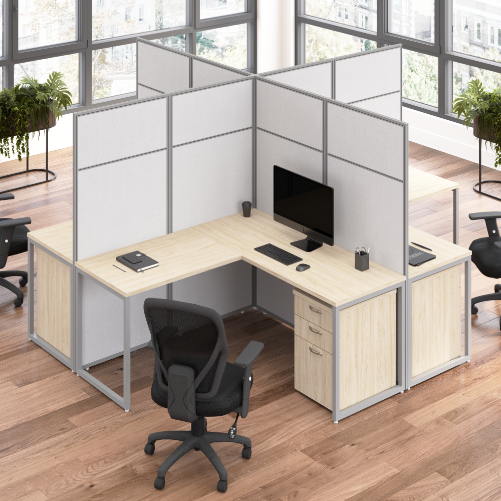 Shop Bush Business Furniture Easy Office 60-inch 4 Person L Shaped Cubicle Desk with Drawers and Tall Panels, Image 02, EODH76SNE-03K, #color_natural elm/silver gray fabric
