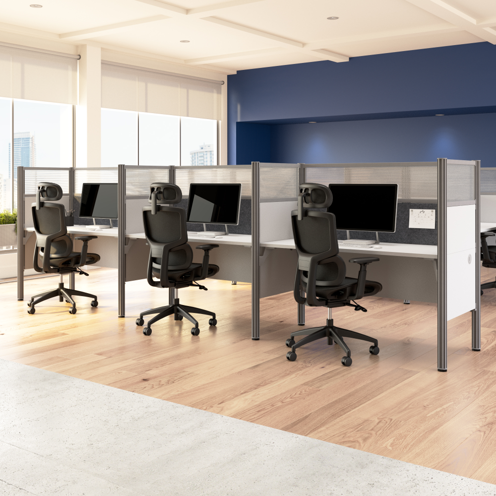 Shop Bush Business Furniture ProBiz 3 Person Office Cubicle Desk with High Privacy Panels and Tackboard, Image 02, 100872DG-17, #color_white