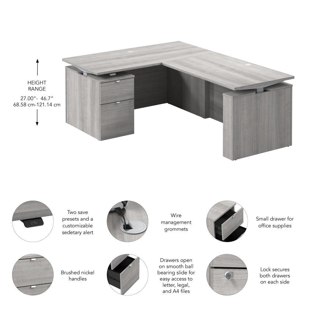 Shop Bush Business Furniture Stratus 60W x 78D Height Adjustable L Shaped Standing Desk with File Cabinet, Image 07, SUT015PG, #color_platinum gray