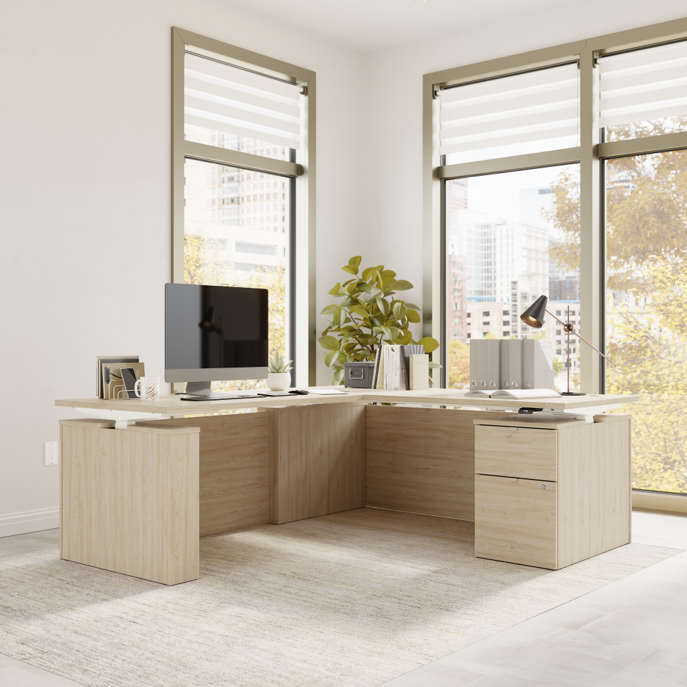 Shop Bush Business Furniture Stratus 72W x 78D Height Adjustable L Shaped Standing Desk with File Cabinet, Image 04, SUT016NE, #color_natural elm