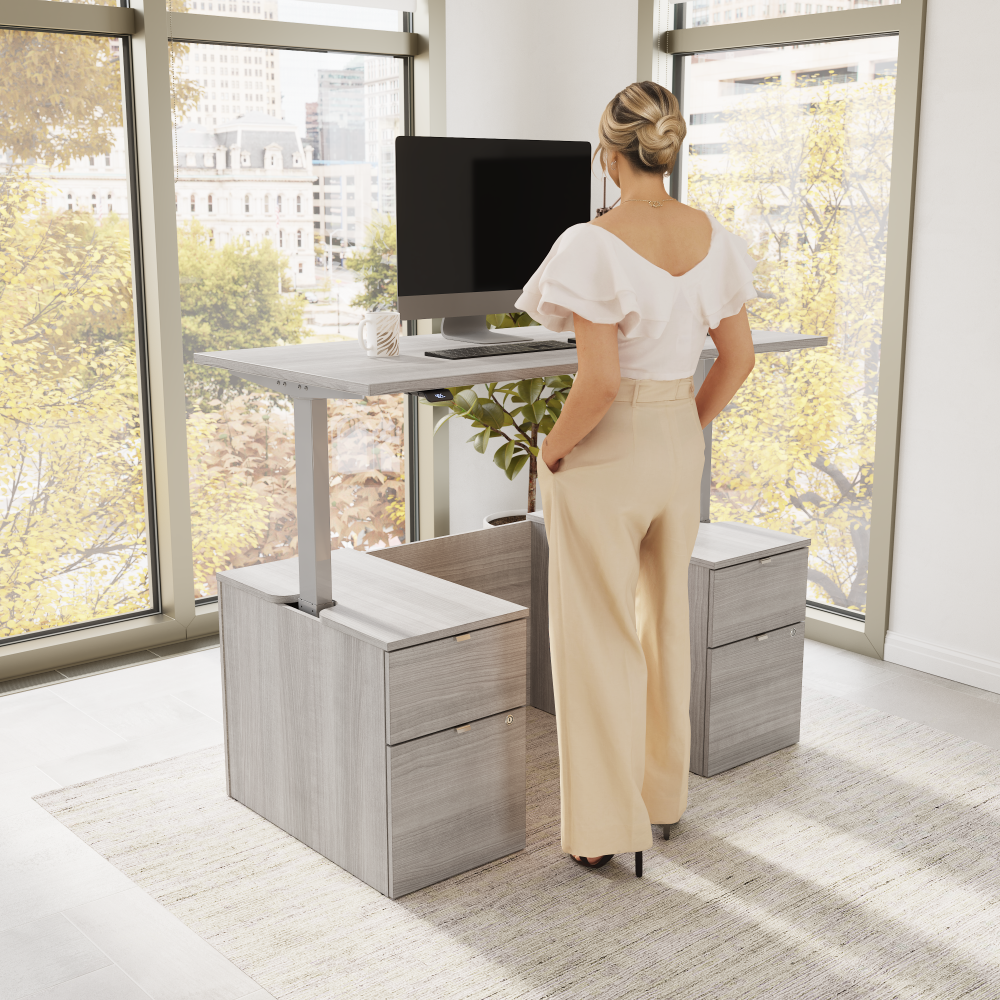 Shop Bush Business Furniture Stratus 60W x 30D Electric Standing Desk with Drawers and Modesty Panel, Image 02, SUT011PG, #color_platinum gray