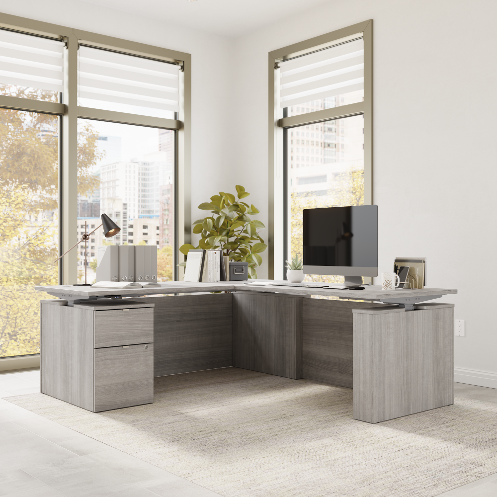Shop Bush Business Furniture Stratus 72W x 78D Height Adjustable L Shaped Standing Desk with File Cabinet, Image 03, SUT016PG, #color_platinum gray