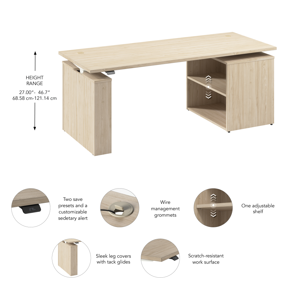 Shop Bush Business Furniture Stratus 72W x 30D Electric Height Adjustable Standing Desk with Bookcase, Image 07, SUT006NE, #color_natural elm