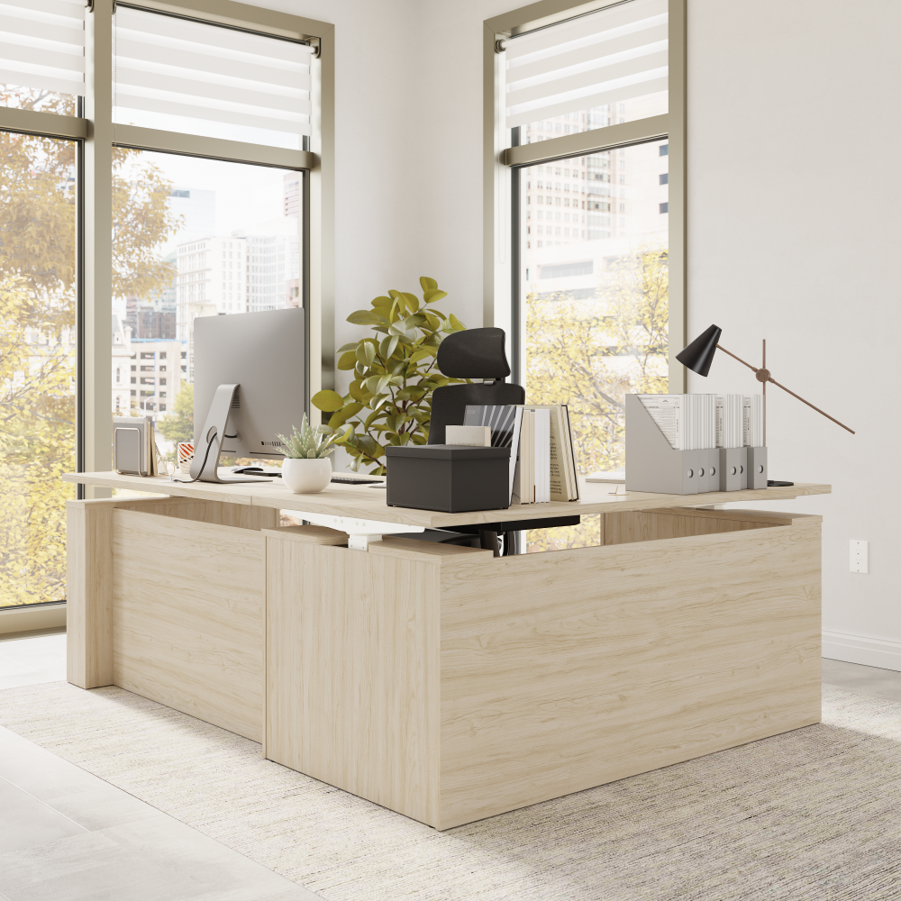 Shop Bush Business Furniture Stratus 60W x 78D Electric Height Adjustable L Shaped Standing Desk, Image 06, SUT013NE, #color_natural elm