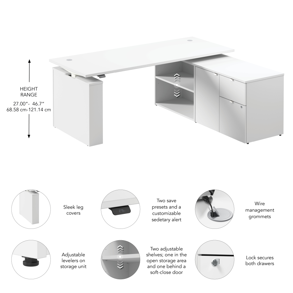 Shop Bush Business Furniture Stratus 72W x 30D Electric Height Adjustable Standing Desk with Storage, Image 07, SUT020WH, #color_white