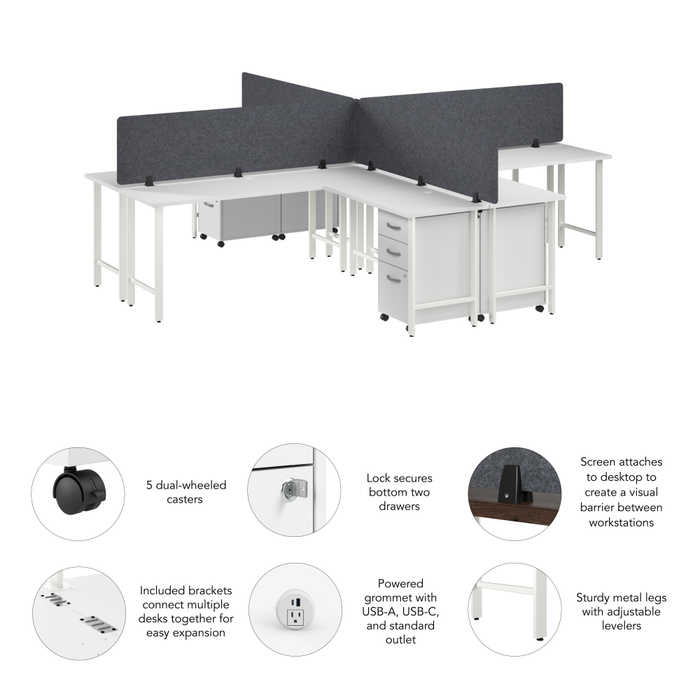 Shop Bush Business Furniture Hustle 4 Person L Shaped Desk with Mobile File Cabinets, Power Grommets, and Privacy Screens, Image 06, HUS017WHSU, #color_white/natural elm