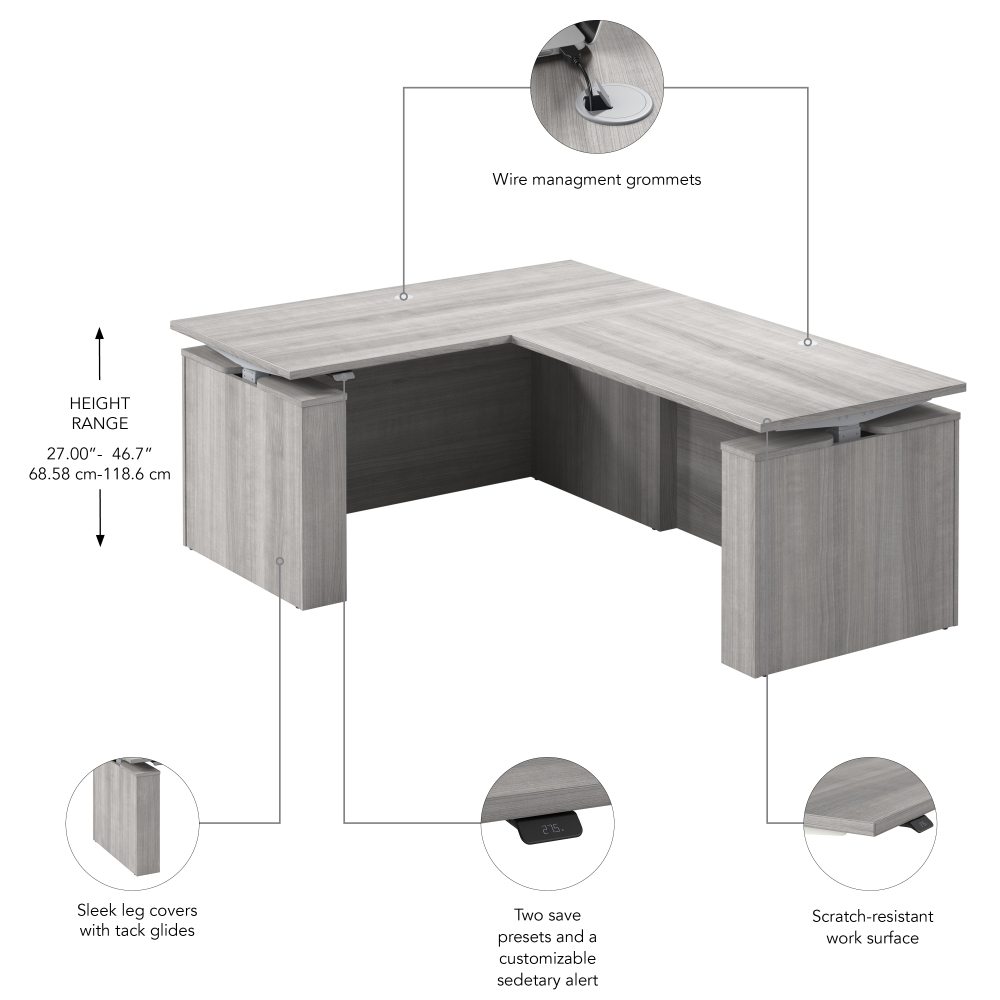 Shop Bush Business Furniture Stratus 60W x 78D Electric Height Adjustable L Shaped Standing Desk, Image 07, SUT013PG, #color_platinum gray