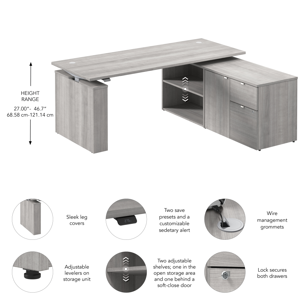 Shop Bush Business Furniture Stratus 72W x 30D Electric Height Adjustable Standing Desk with Storage, Image 07, SUT020PG, #color_platinum gray