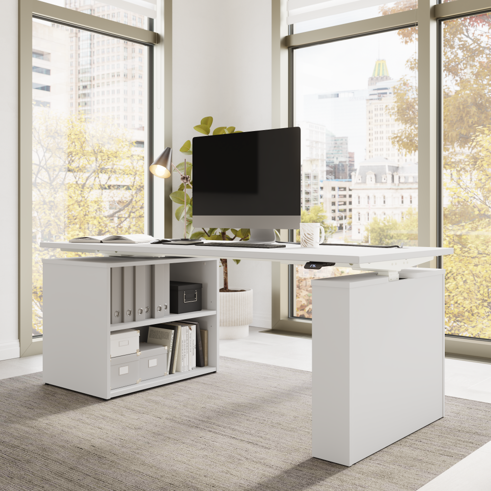 Shop Bush Business Furniture Stratus 72W x 30D Electric Height Adjustable Standing Desk with Bookcase, Image 04, SUT006WH, #color_white