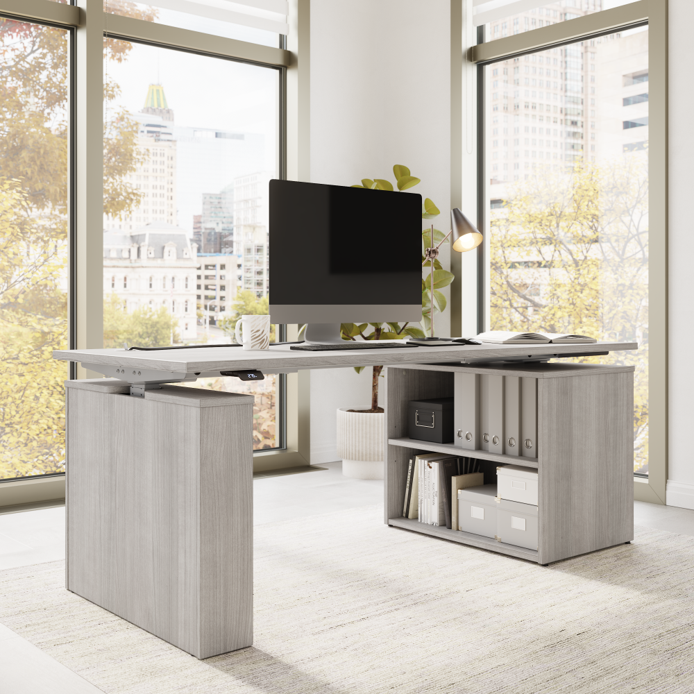 Shop Bush Business Furniture Stratus 72W x 30D Electric Height Adjustable Standing Desk with Bookcase, Image 03, SUT006PG, #color_platinum gray