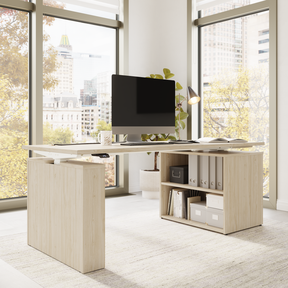Shop Bush Business Furniture Stratus 72W x 30D Electric Height Adjustable Standing Desk with Bookcase, Image 03, SUT006NE, #color_natural elm