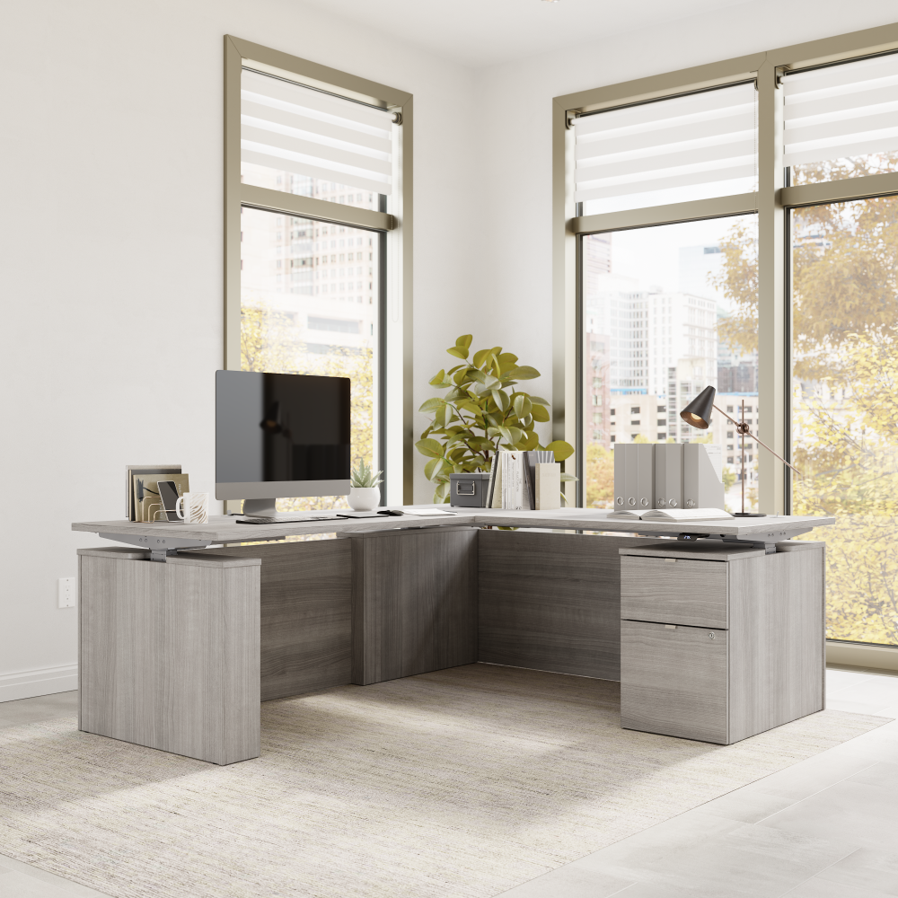 Shop Bush Business Furniture Stratus 72W x 78D Height Adjustable L Shaped Standing Desk with File Cabinet, Image 04, SUT016PG, #color_platinum gray