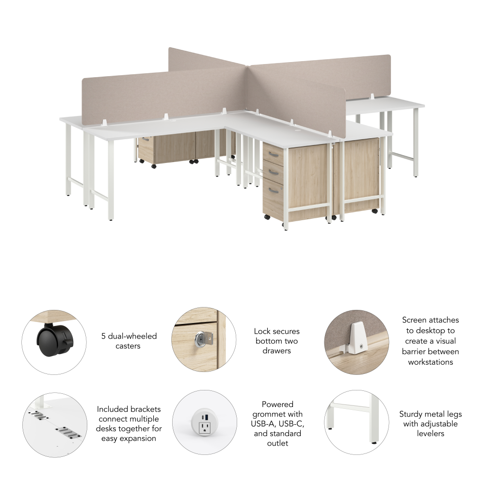 Shop Bush Business Furniture Hustle 4 Person L Shaped Desk with Mobile File Cabinets, Power Grommets, and Privacy Screens, Image 06, HUS017WHNESU, #color_white