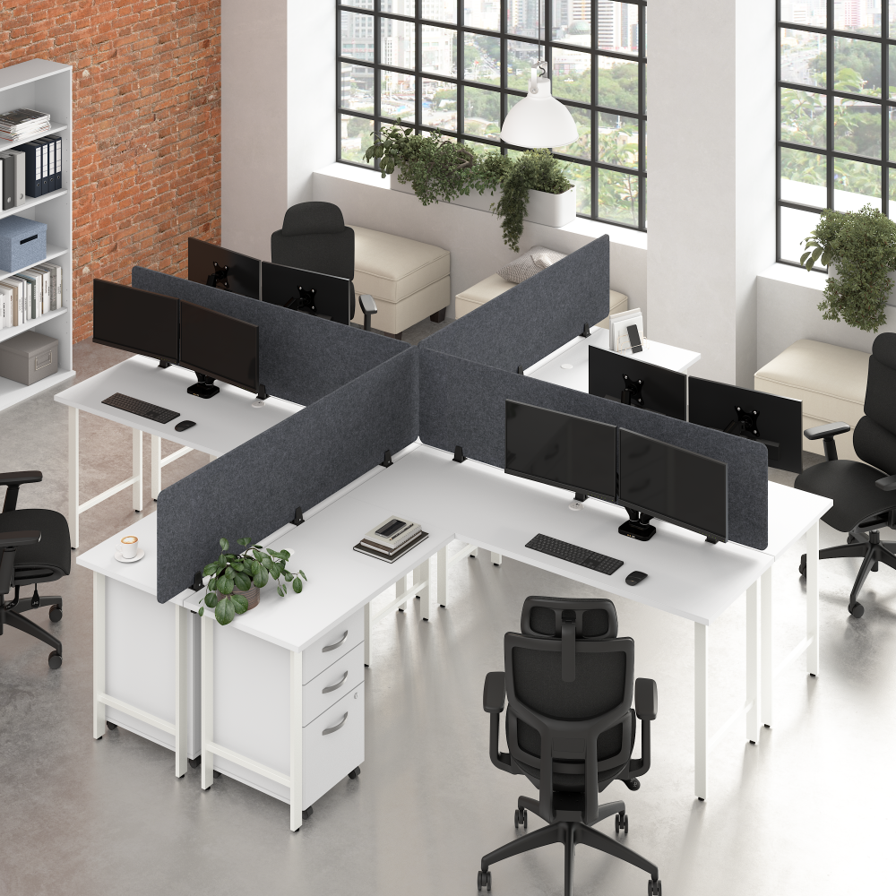 Shop Bush Business Furniture Hustle 4 Person L Shaped Desk with Mobile File Cabinets, Power Grommets, and Privacy Screens, Image 02, HUS017WHSU, #color_white/natural elm