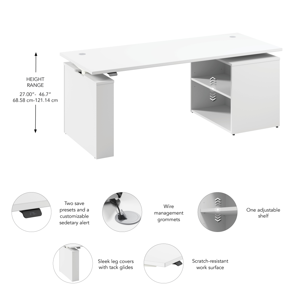 Shop Bush Business Furniture Stratus 72W x 30D Electric Height Adjustable Standing Desk with Bookcase, Image 07, SUT006WH, #color_white
