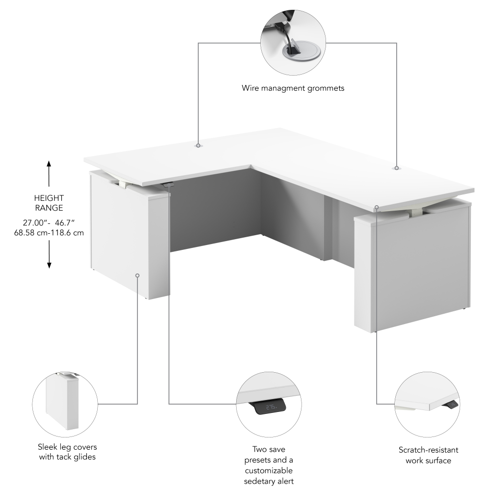 Shop Bush Business Furniture Stratus 60W x 78D Electric Height Adjustable L Shaped Standing Desk, Image 07, SUT013WH, #color_white