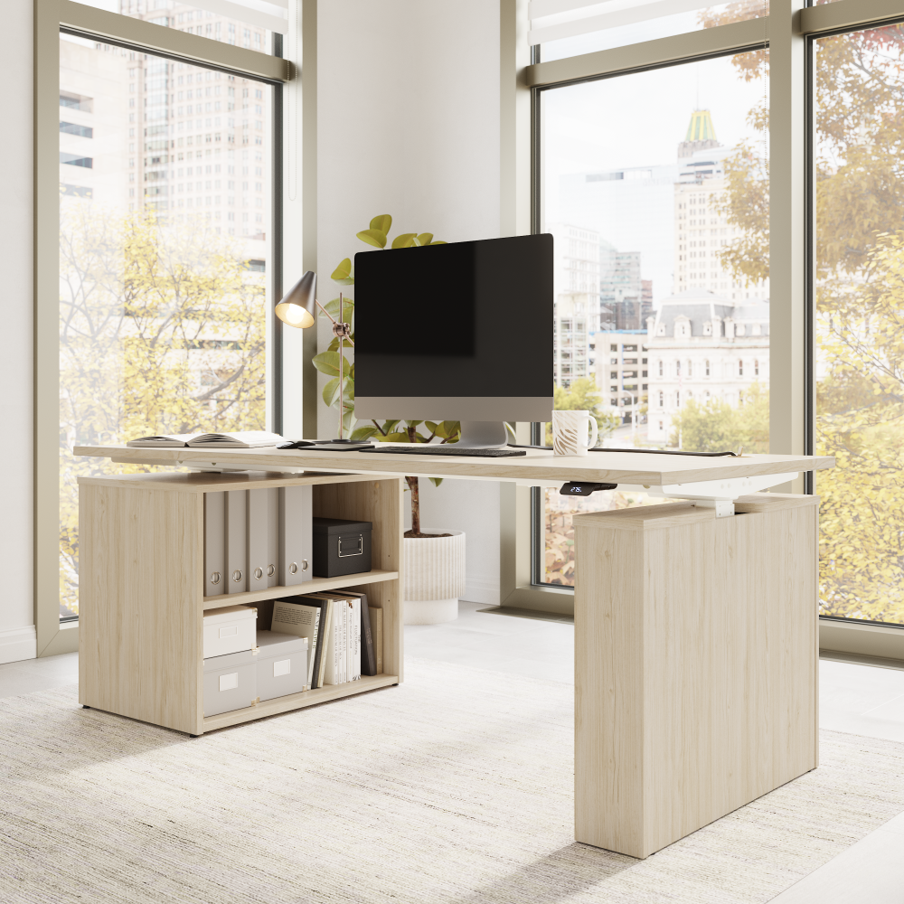 Shop Bush Business Furniture Stratus 72W x 30D Electric Height Adjustable Standing Desk with Bookcase, Image 04, SUT006NE, #color_natural elm