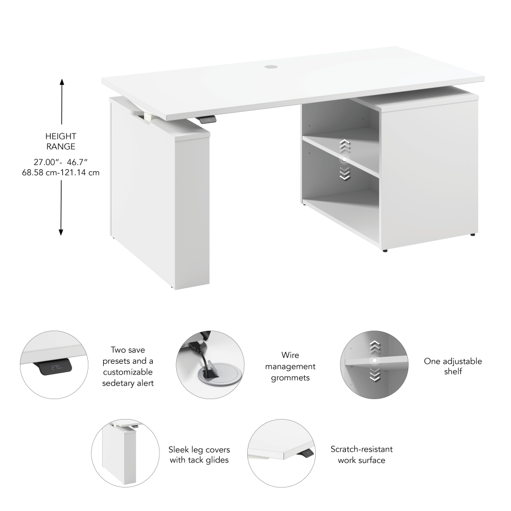 Shop Bush Business Furniture Stratus 60W x 30D Electric Height Adjustable Standing Desk with Bookcase, Image 07, SUT005WH, #color_white