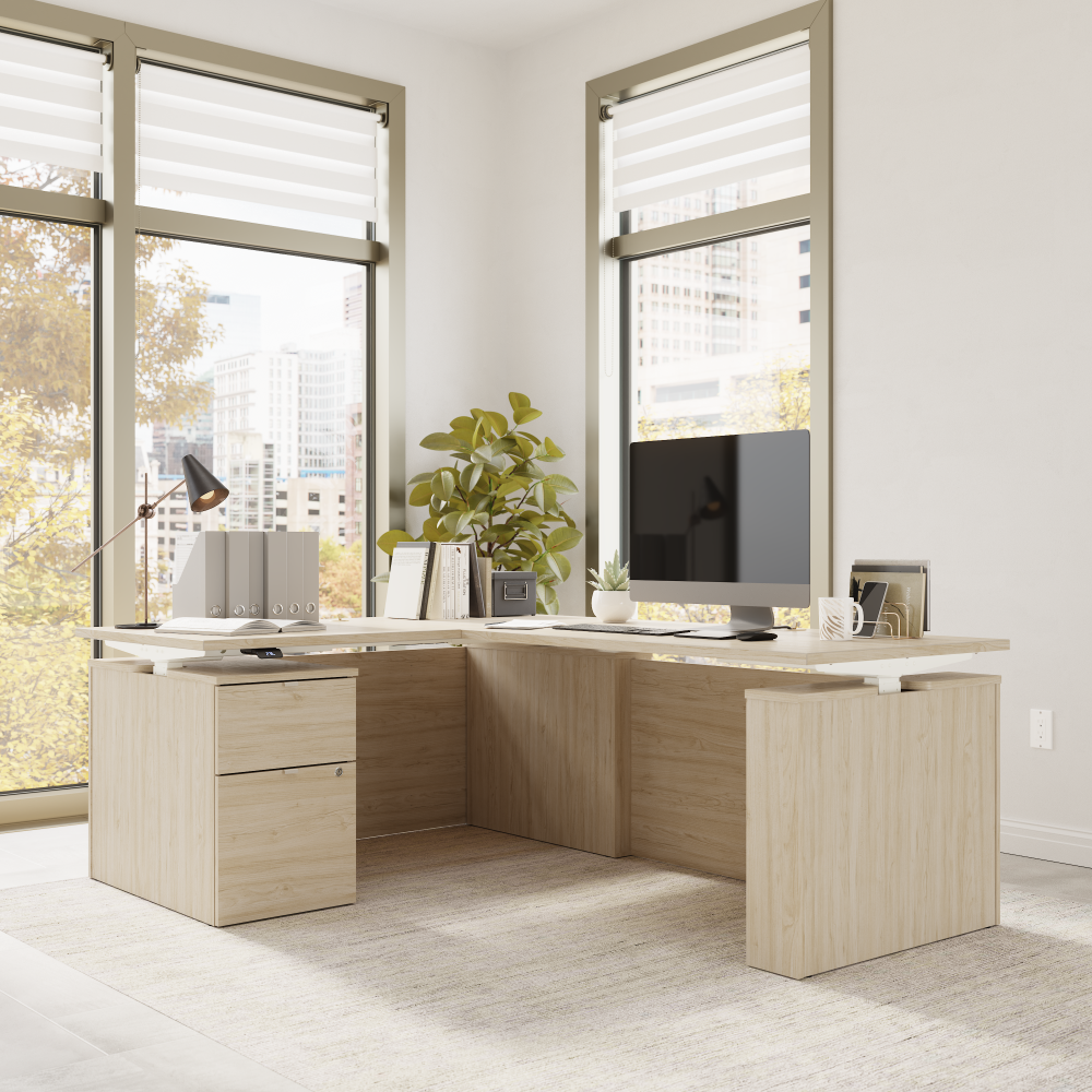 Shop Bush Business Furniture Stratus 60W x 78D Height Adjustable L Shaped Standing Desk with File Cabinet, Image 03, SUT015NE, #color_natural elm