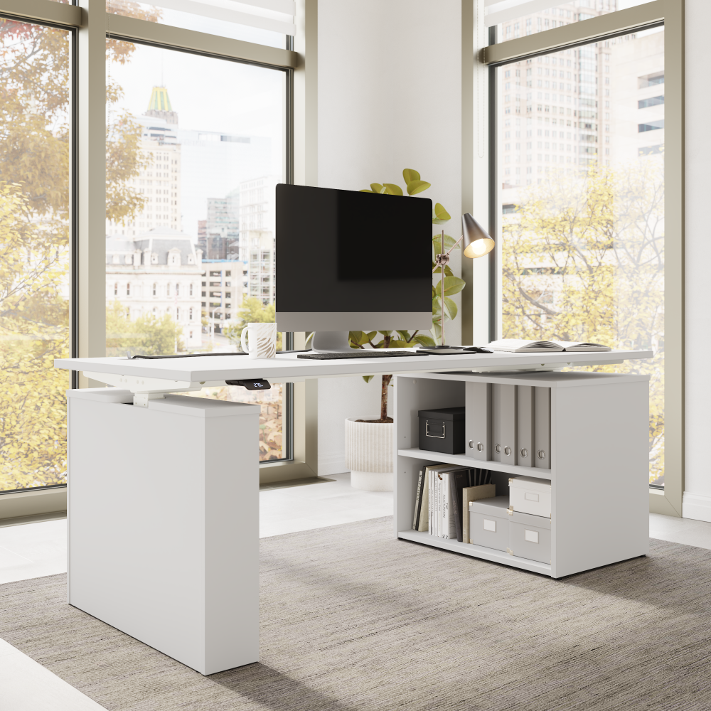 Shop Bush Business Furniture Stratus 72W x 30D Electric Height Adjustable Standing Desk with Bookcase, Image 03, SUT006WH, #color_white