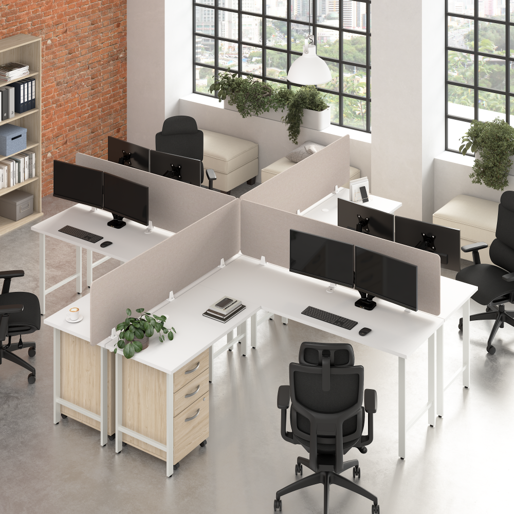 Shop Bush Business Furniture Hustle 4 Person L Shaped Desk with Mobile File Cabinets, Power Grommets, and Privacy Screens, Image 02, HUS017WHNESU, #color_white
