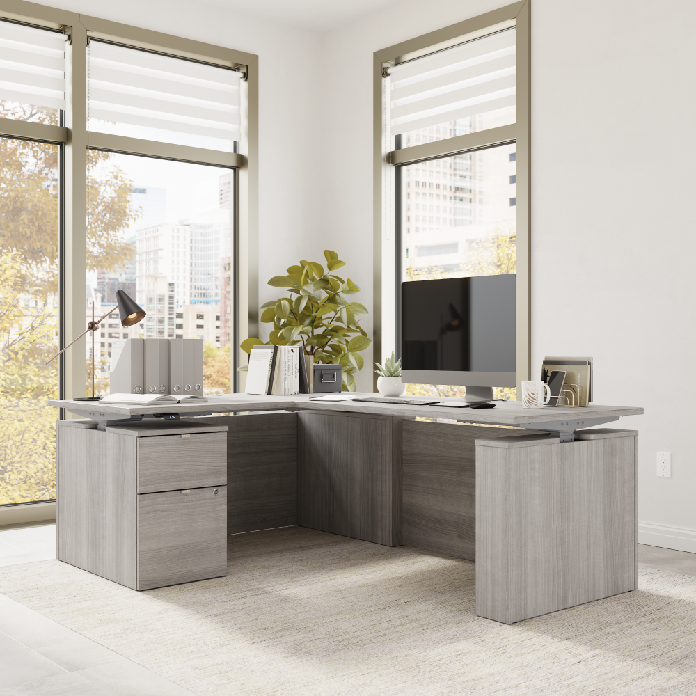 Shop Bush Business Furniture Stratus 60W x 78D Height Adjustable L Shaped Standing Desk with File Cabinet, Image 03, SUT015PG, #color_platinum gray