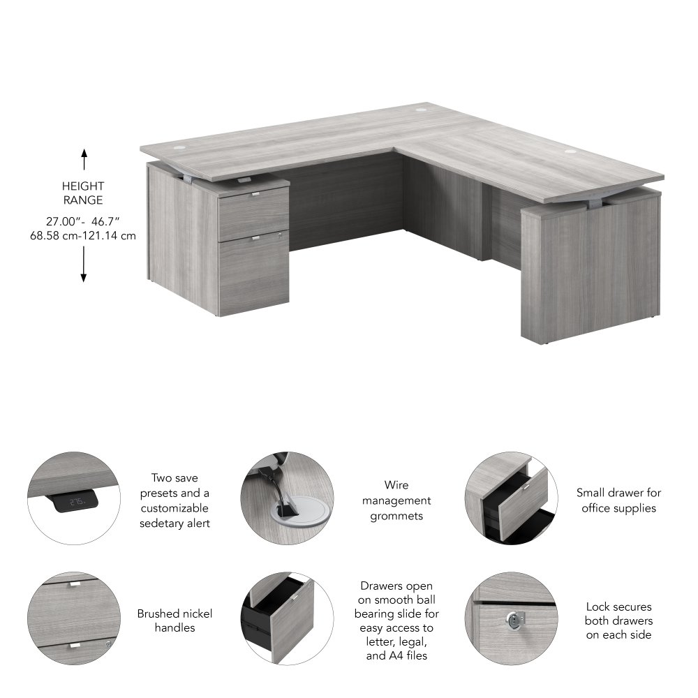 Shop Bush Business Furniture Stratus 72W x 78D Height Adjustable L Shaped Standing Desk with File Cabinet, Image 07, SUT016PG, #color_platinum gray