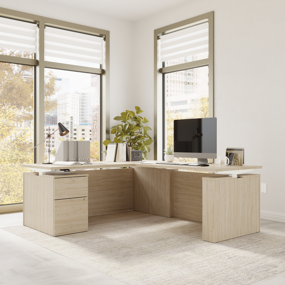 Shop Bush Business Furniture Stratus 72W x 78D Height Adjustable L Shaped Standing Desk with File Cabinet, Image 03, SUT016NE, #color_natural elm