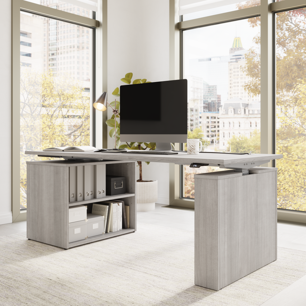 Shop Bush Business Furniture Stratus 72W x 30D Electric Height Adjustable Standing Desk with Bookcase, Image 04, SUT006PG, #color_platinum gray