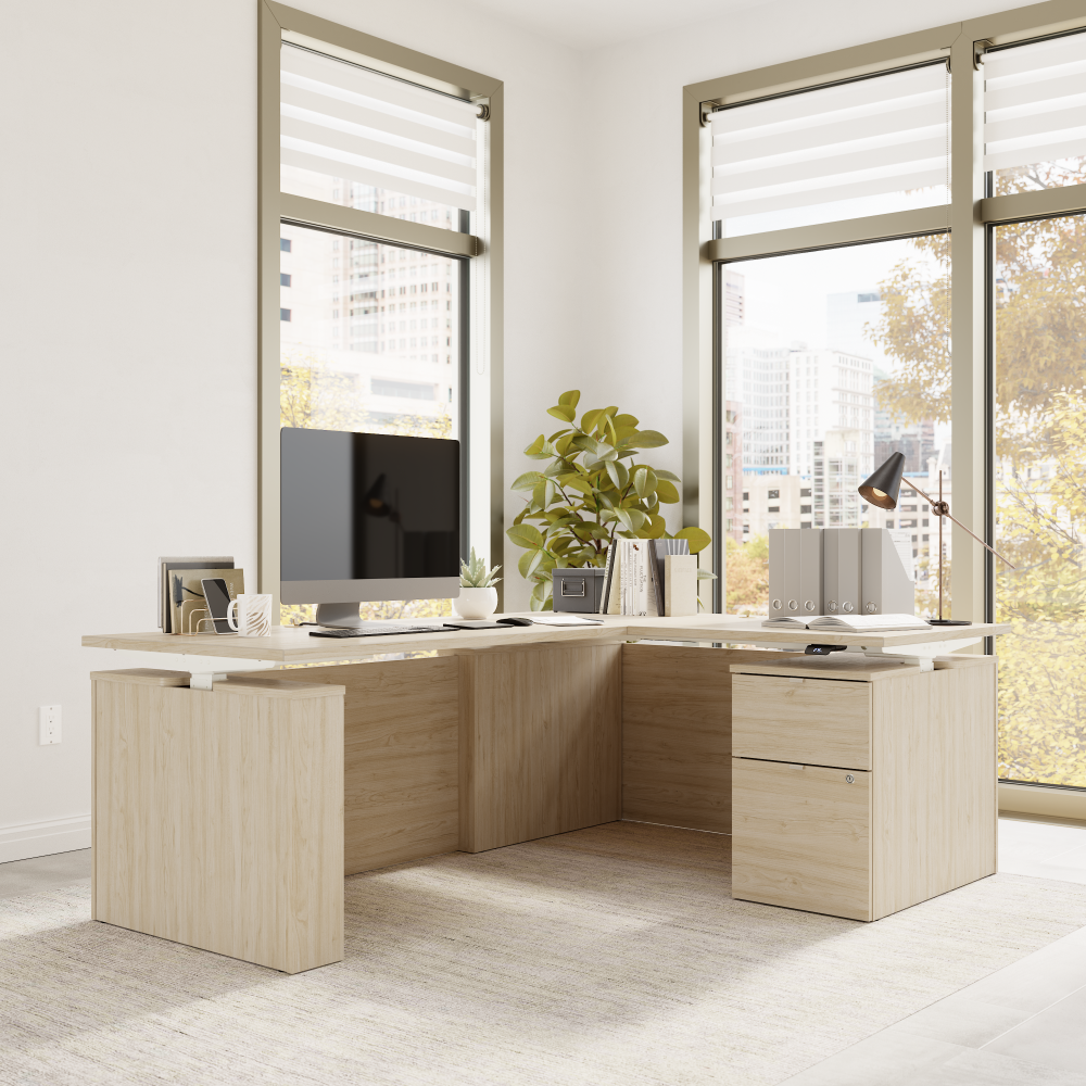 Shop Bush Business Furniture Stratus 60W x 78D Height Adjustable L Shaped Standing Desk with File Cabinet, Image 04, SUT015NE, #color_natural elm