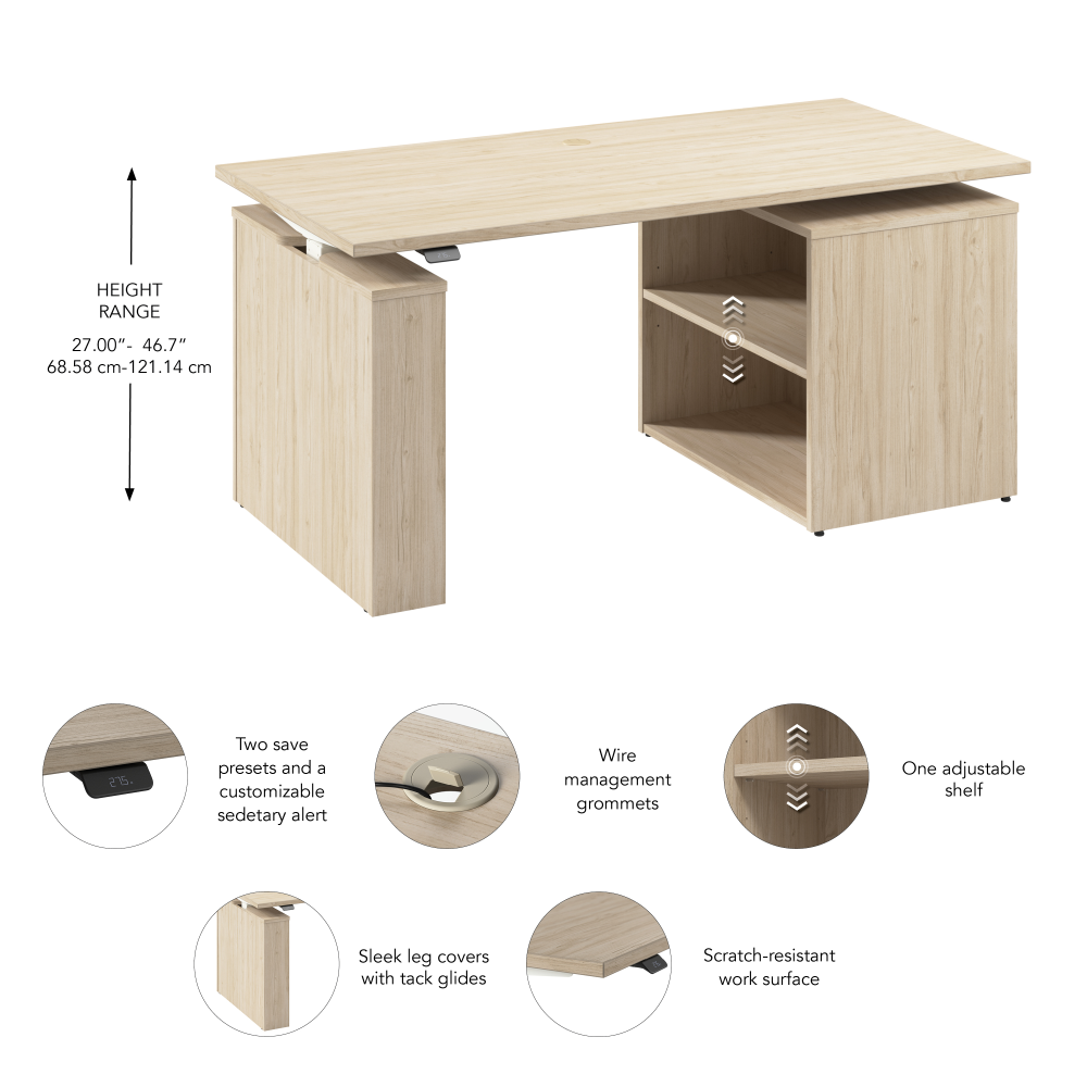 Shop Bush Business Furniture Stratus 60W x 30D Electric Height Adjustable Standing Desk with Bookcase, Image 07, SUT005NE, #color_natural elm