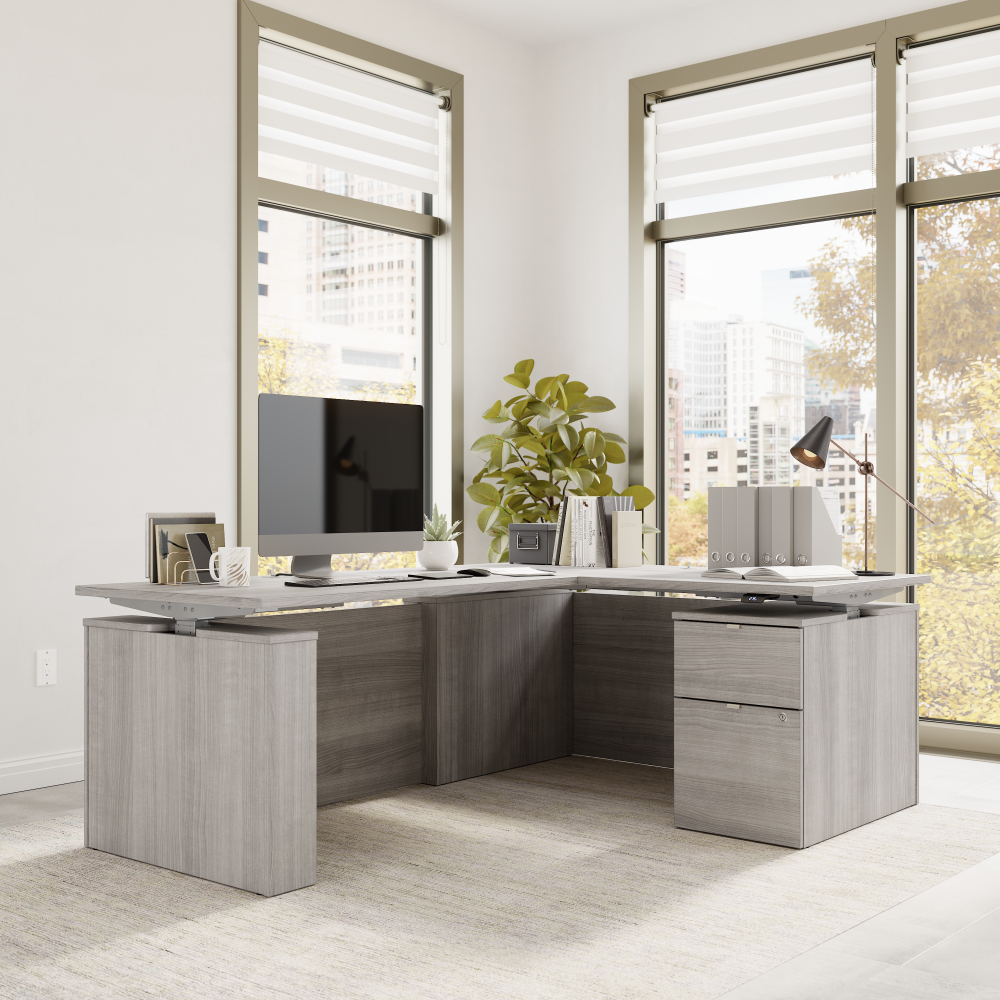 Shop Bush Business Furniture Stratus 60W x 78D Height Adjustable L Shaped Standing Desk with File Cabinet, Image 04, SUT015PG, #color_platinum gray