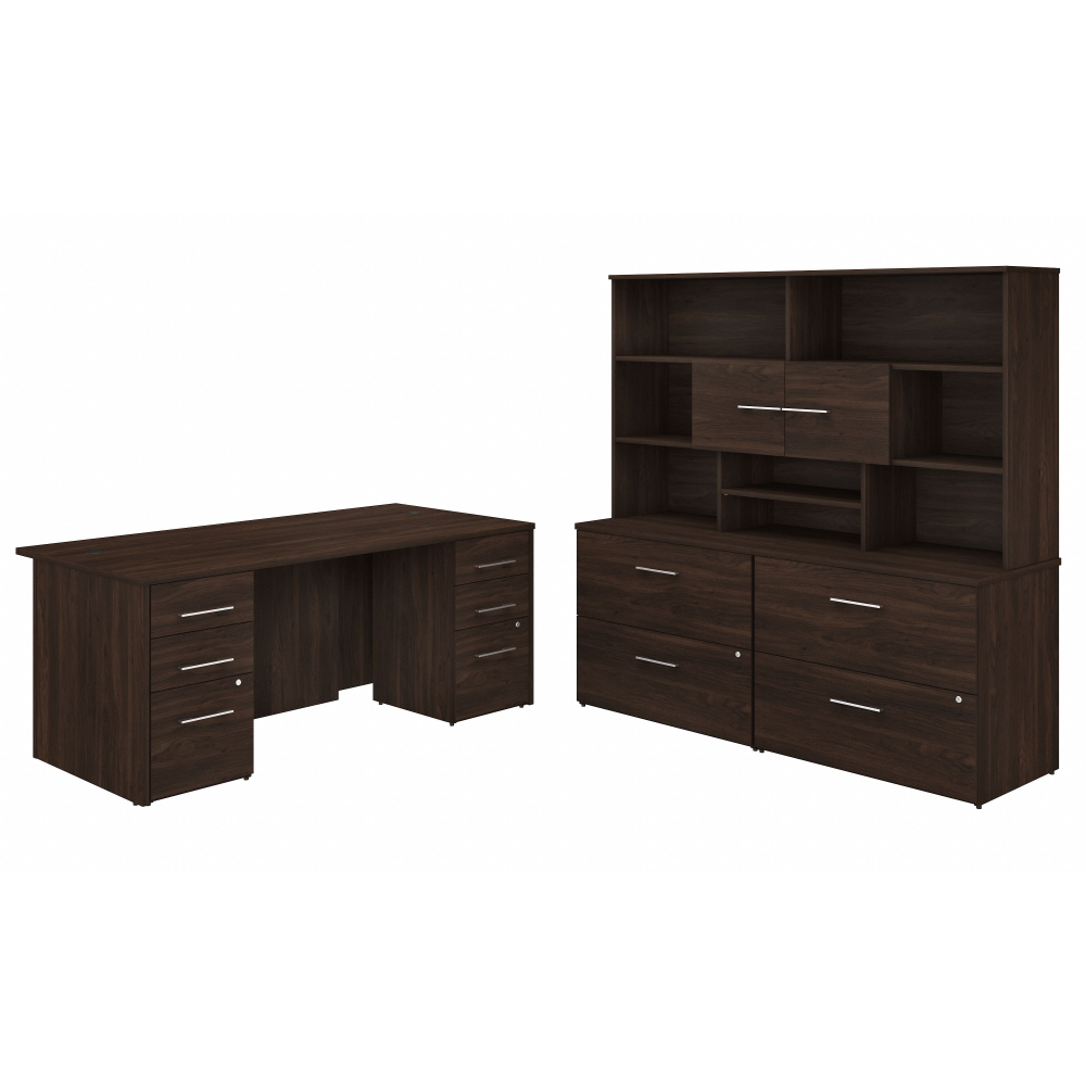Shop Bush Business Furniture Office 500 72W x 36D Executive Desk with Drawers, Lateral File Cabinets and Hutch, Image 01, OF5001BWSU, #color_black walnut