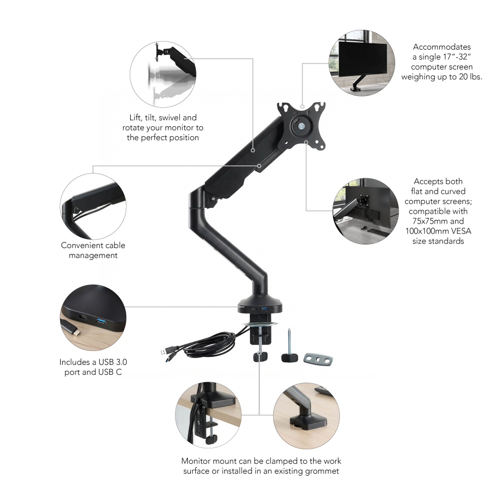 Shop Bush Business Furniture Adjustable Monitor Arm with USB Port, Image 08, AC99890-03, #color_black paint