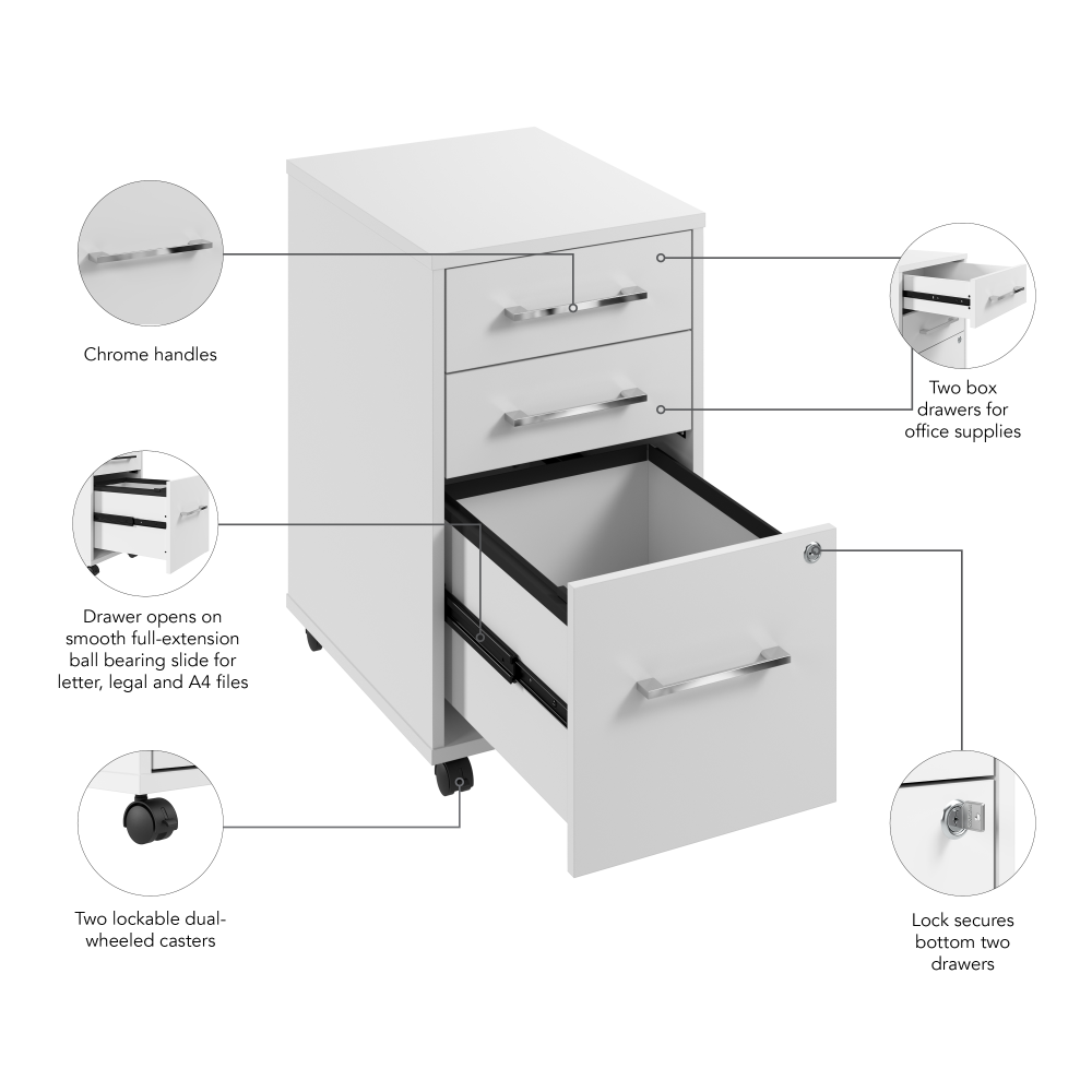 Shop Bush Business Furniture Hustle 3 Drawer Mobile File Cabinet, Image 08, HUF116WH, #color_white