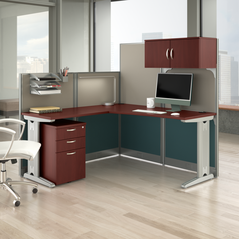 Shop Bush Business Furniture Office in an Hour 65W L Shaped Cubicle Desk with Storage, Drawers, and Organizers, Image 02, WC36494-03STGK, #color_hansen cherry