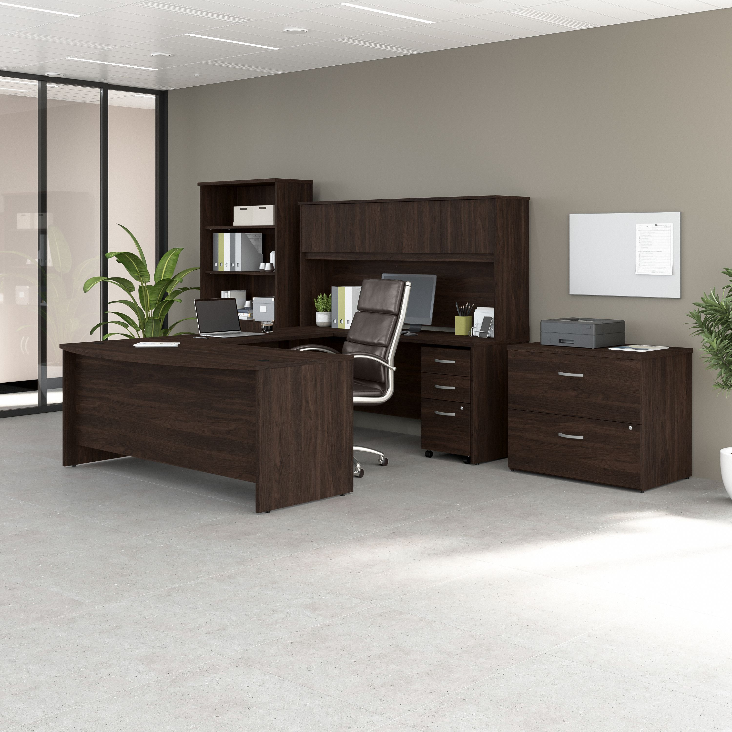 Shop Bush Business Furniture Studio C 72W x 36D U Shaped Desk with Hutch, Bookcase and File Cabinets 01 STC001BWSU #color_black walnut