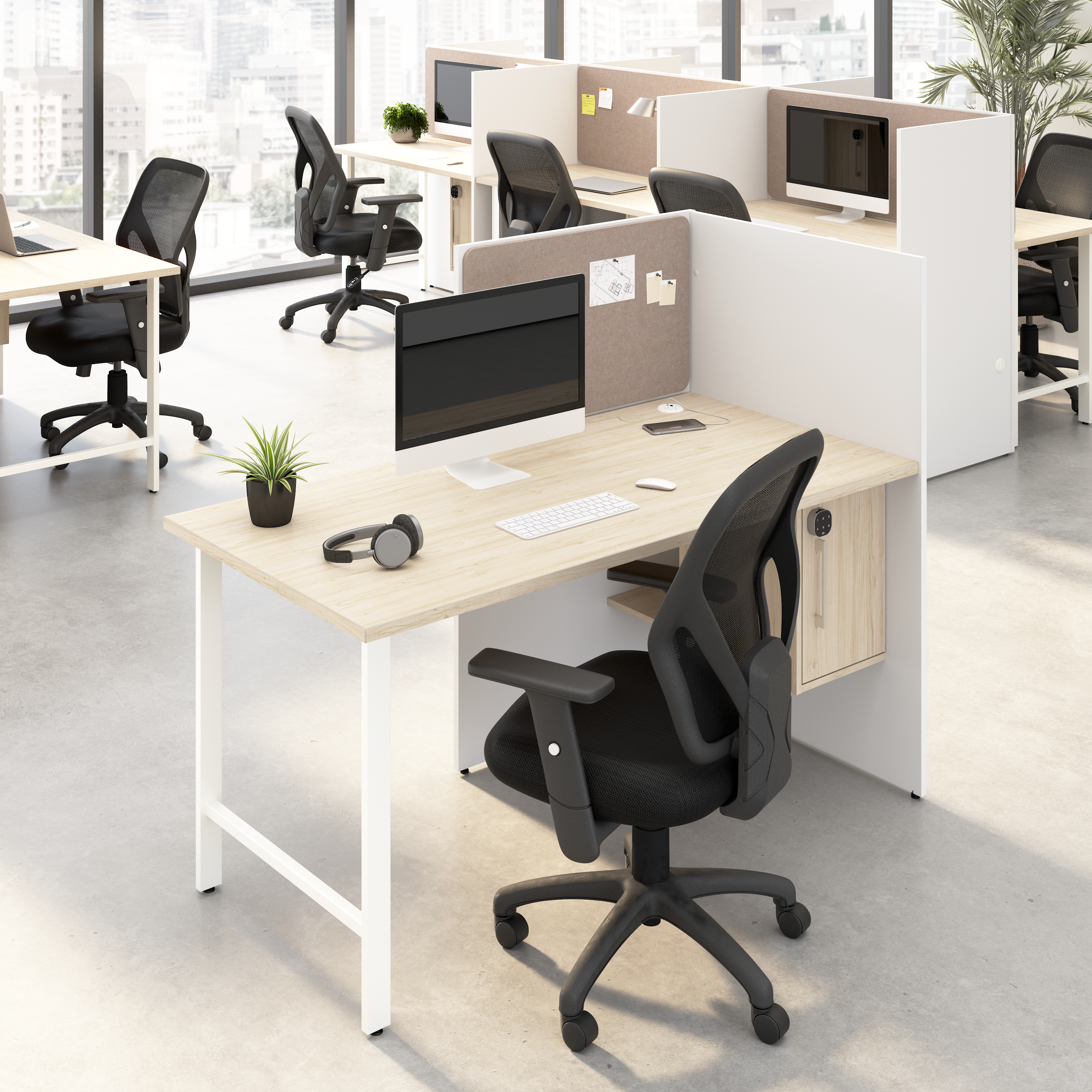 Shop Hustle 60-inch Cubicle Desk for Office with Locking Storage Cabinet HUCB260WHNE 2 #color_white/natural elm