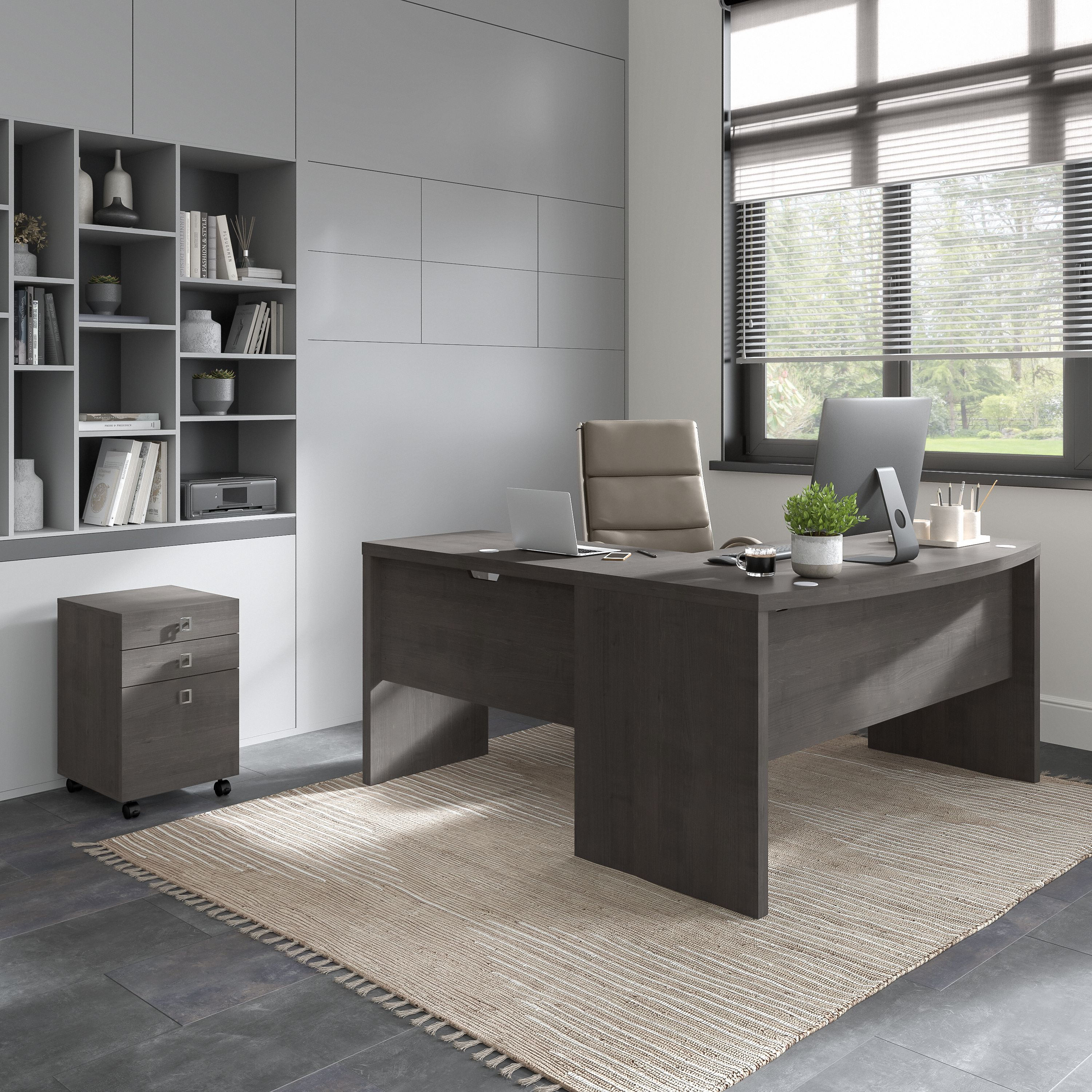 Shop Bush Business Furniture Echo L Shaped Bow Front Desk with Mobile File Cabinet 01 ECH007CM #color_charcoal maple