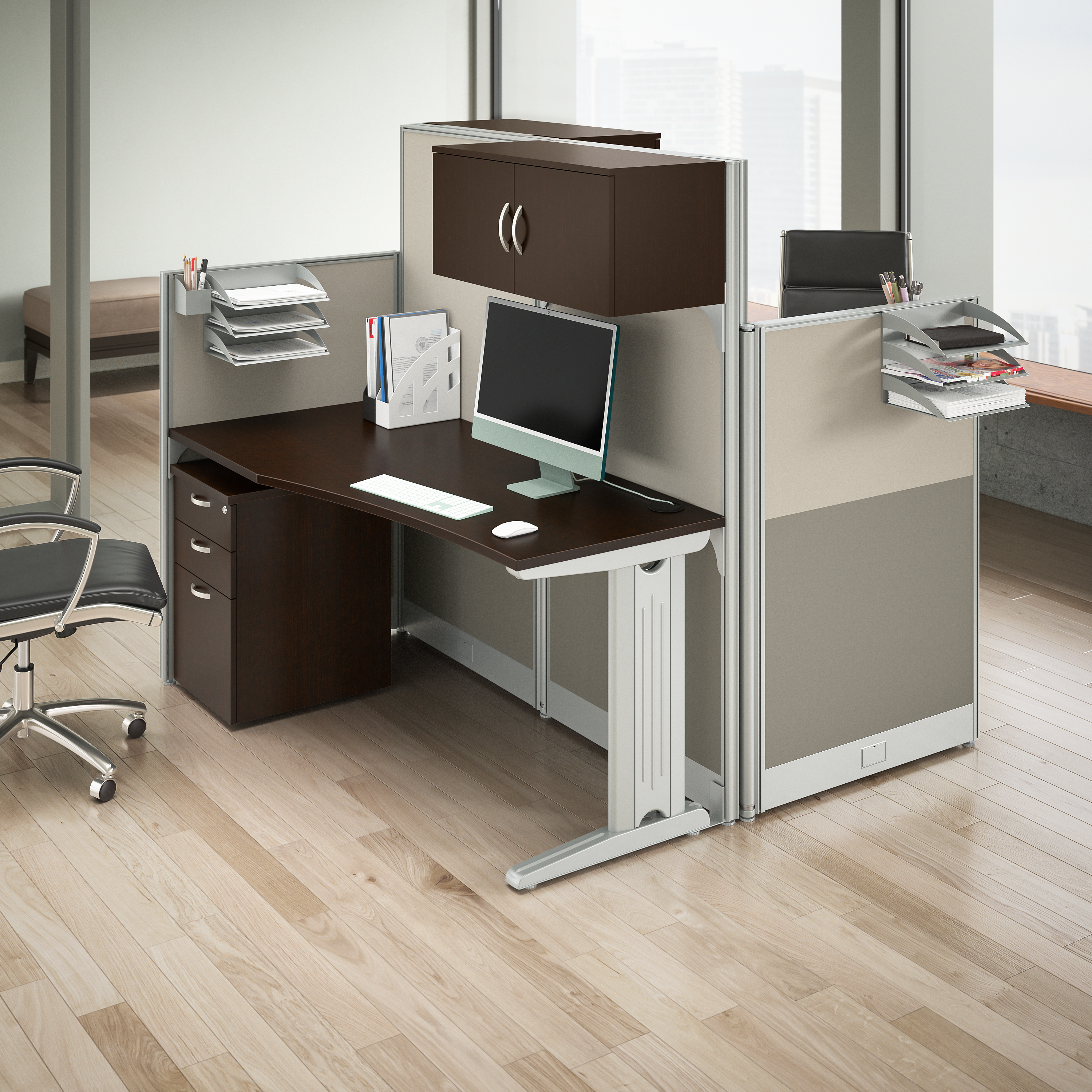 Shop Bush Business Furniture Office in an Hour 2 Person Straight Cubicle Desks with Storage, Drawers, and Organizers 03 OIAH005MR #color_mocha cherry