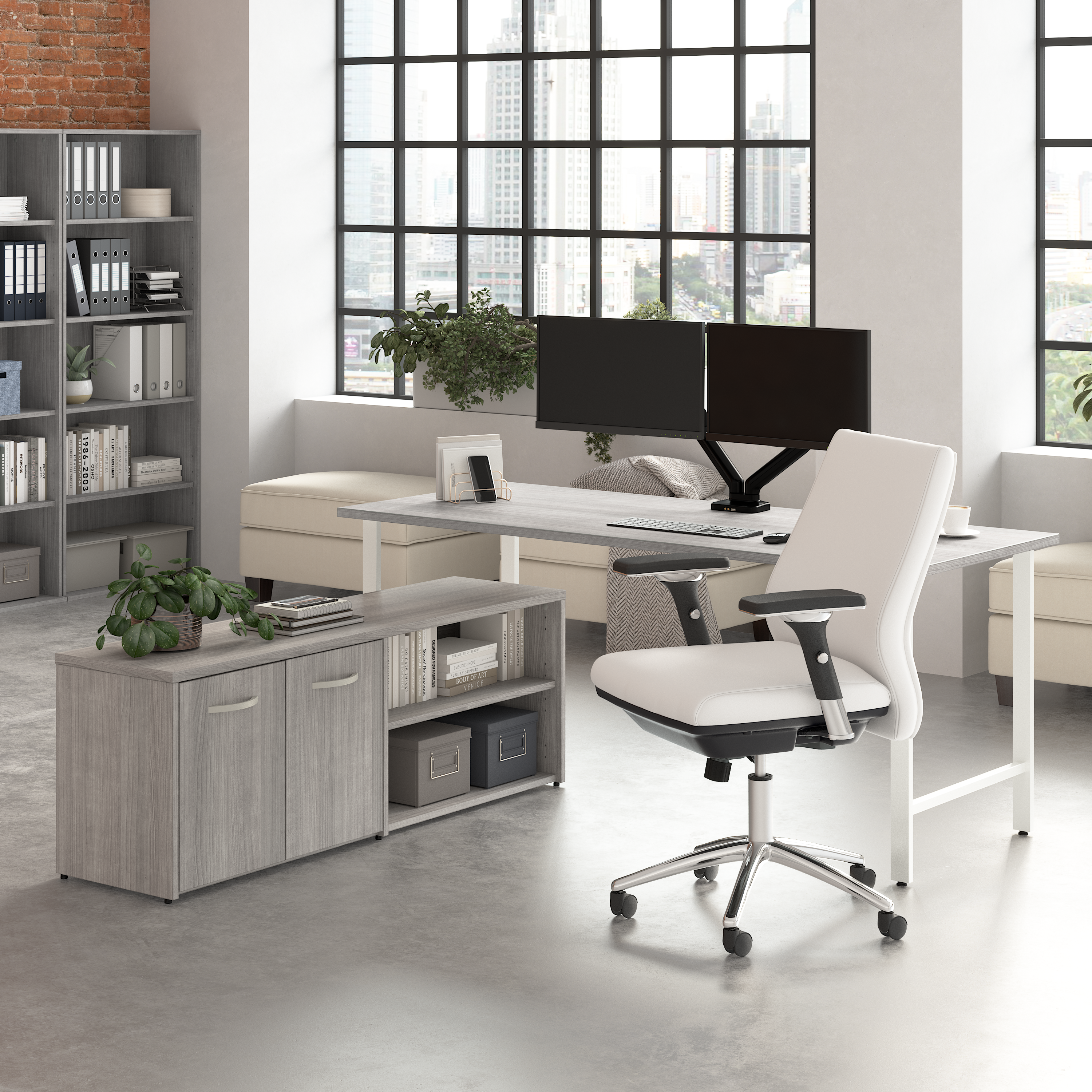 Shop Bush Business Furniture Hustle 72W x 30D Computer Desk and Low Storage Cabinet with Doors and Shelves 01 HUS012PG #color_platinum gray