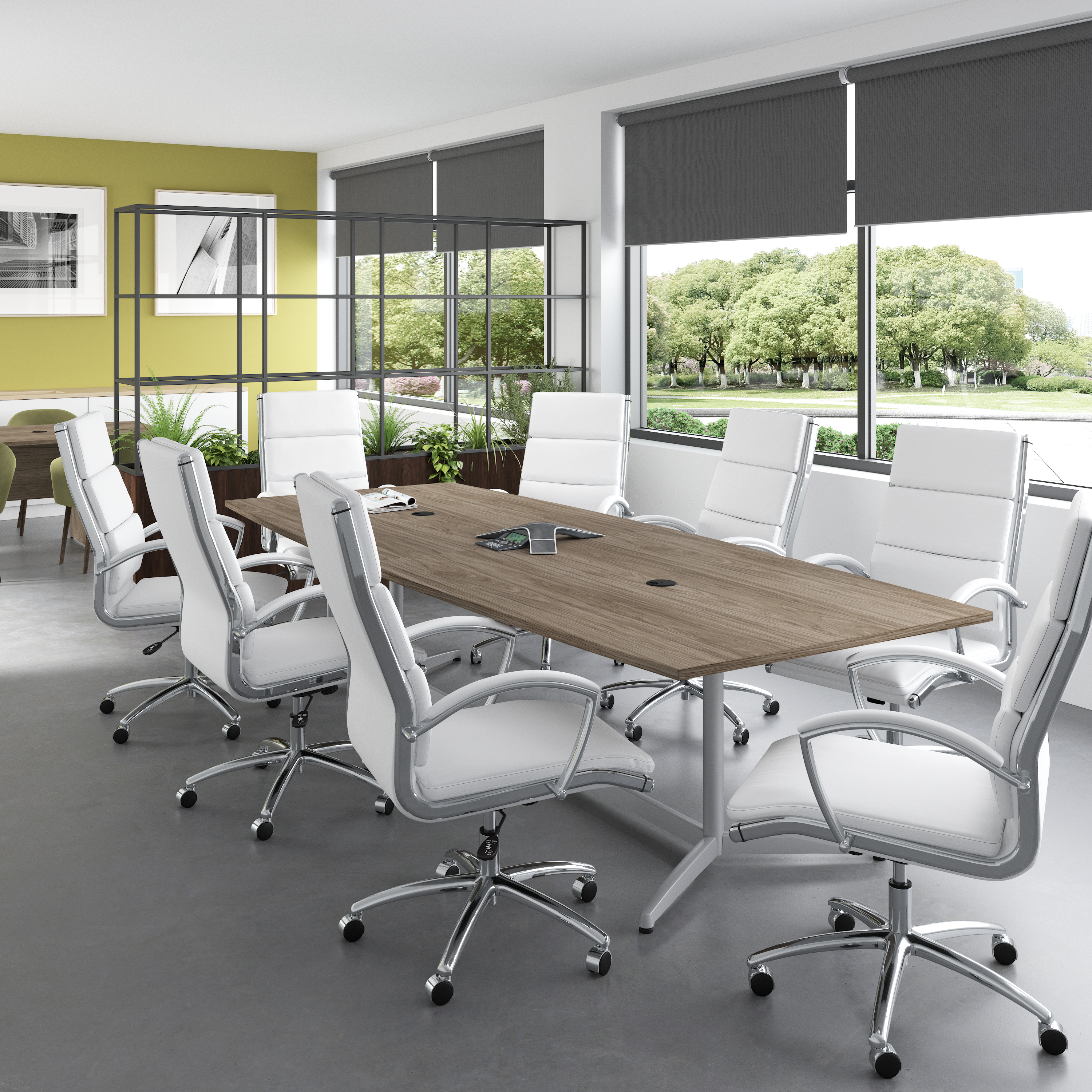 Shop Bush Business Furniture 120W x 48D Boat Shaped Conference Table with Metal Base 01 99TBM120MHSVK #color_modern hickory