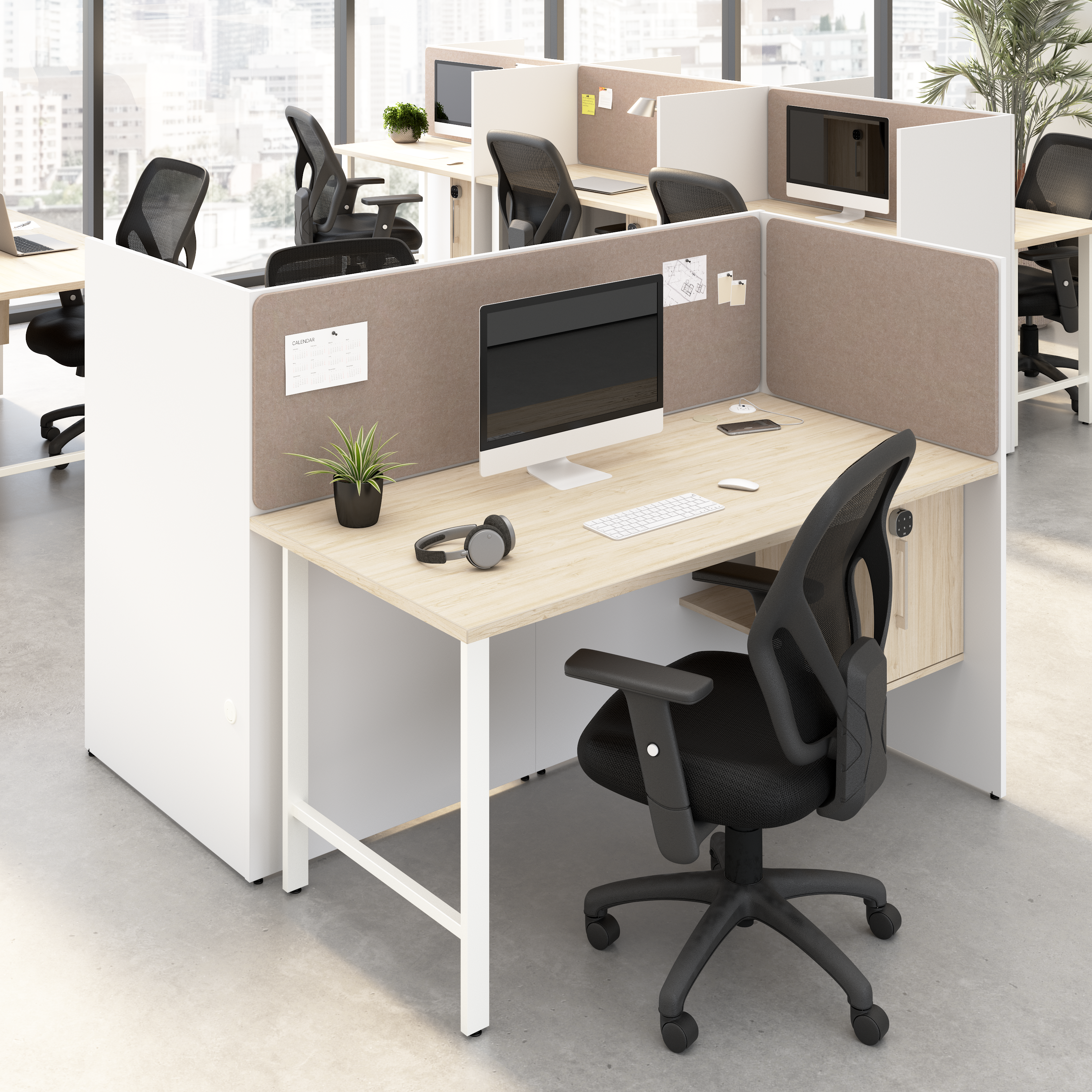 Shop Hustle 60-inch 2 Person Office Cubicles with Locking Storage and Large Tackboards HUS023WHNE 2 #color_white/natural elm