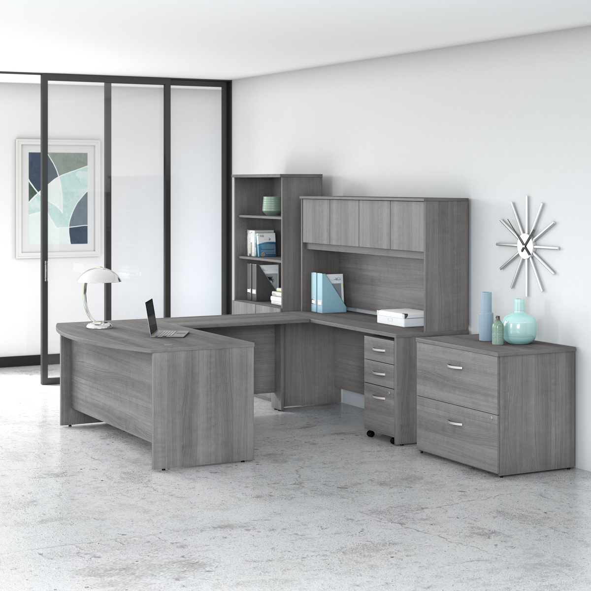 Studio C 72W x 36D U Shaped Desk with Hutch, Bookcase and