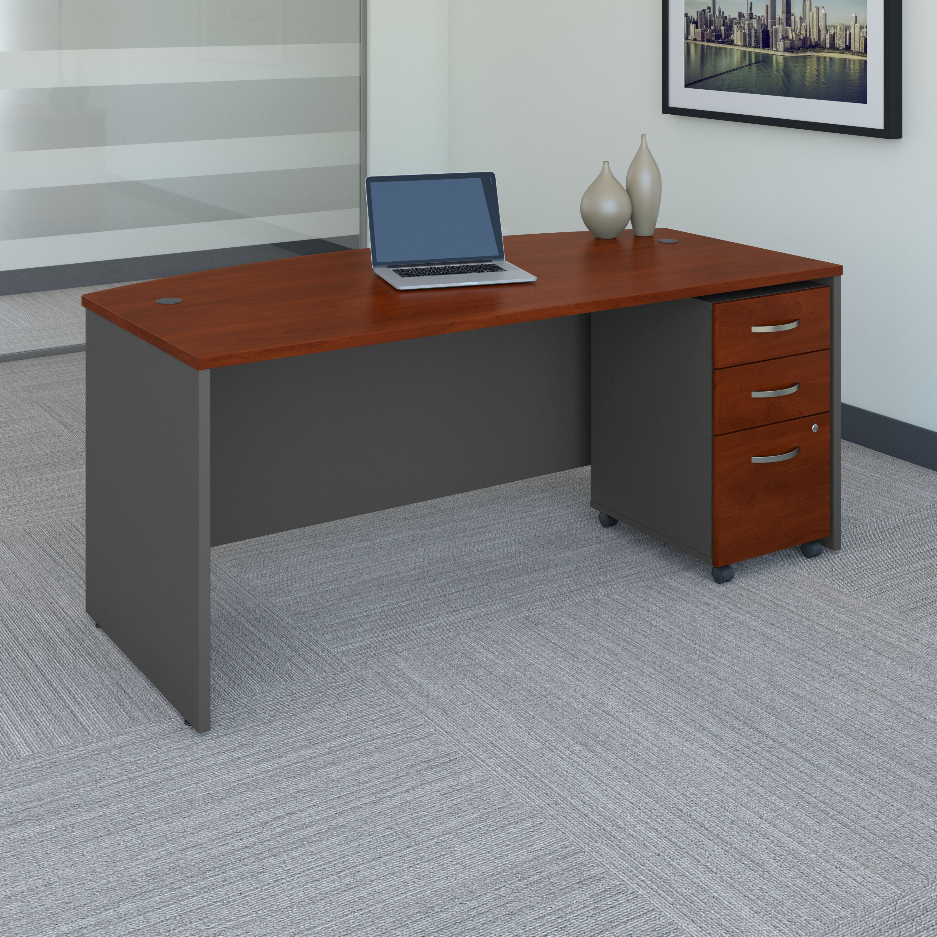 Shop Bush Business Furniture Series C 72W x 36D Bow Front Desk with Mobile File Cabinet 01 SRC079HCSU #color_hansen cherry/graphite gray
