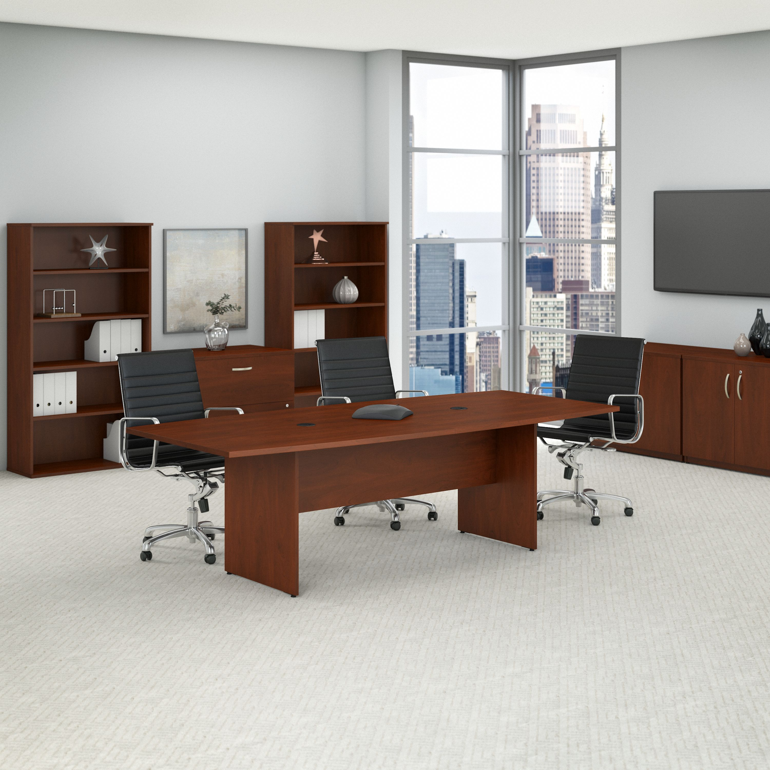 Shop Bush Business Furniture 96W x 42D Boat Shaped Conference Table with Wood Base 01 99TB9642HCK #color_hansen cherry
