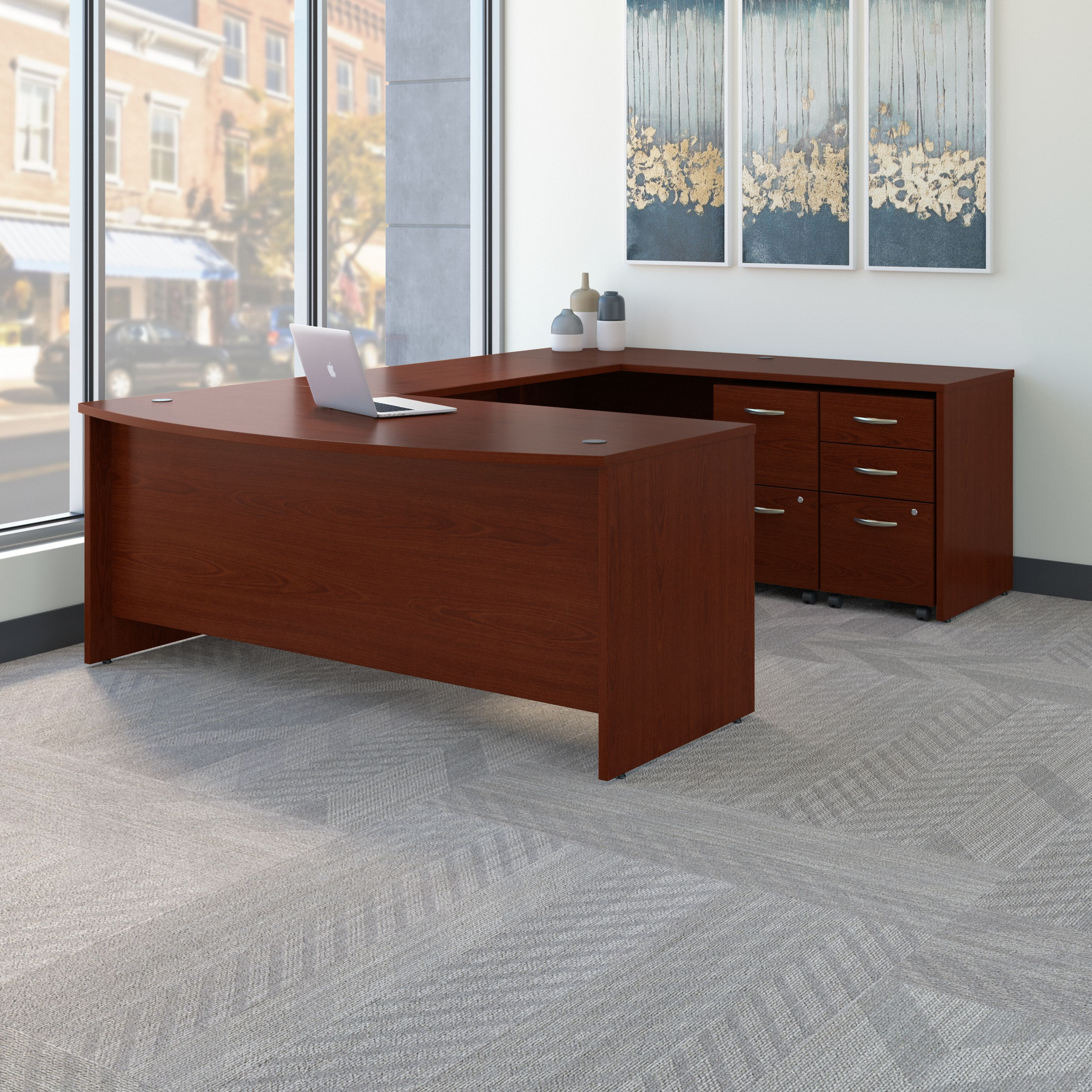 Shop Bush Business Furniture Series C 72W x 36D Bow Front U Shaped Desk with Mobile File Cabinets 01 SRC043MASU #color_mahogany