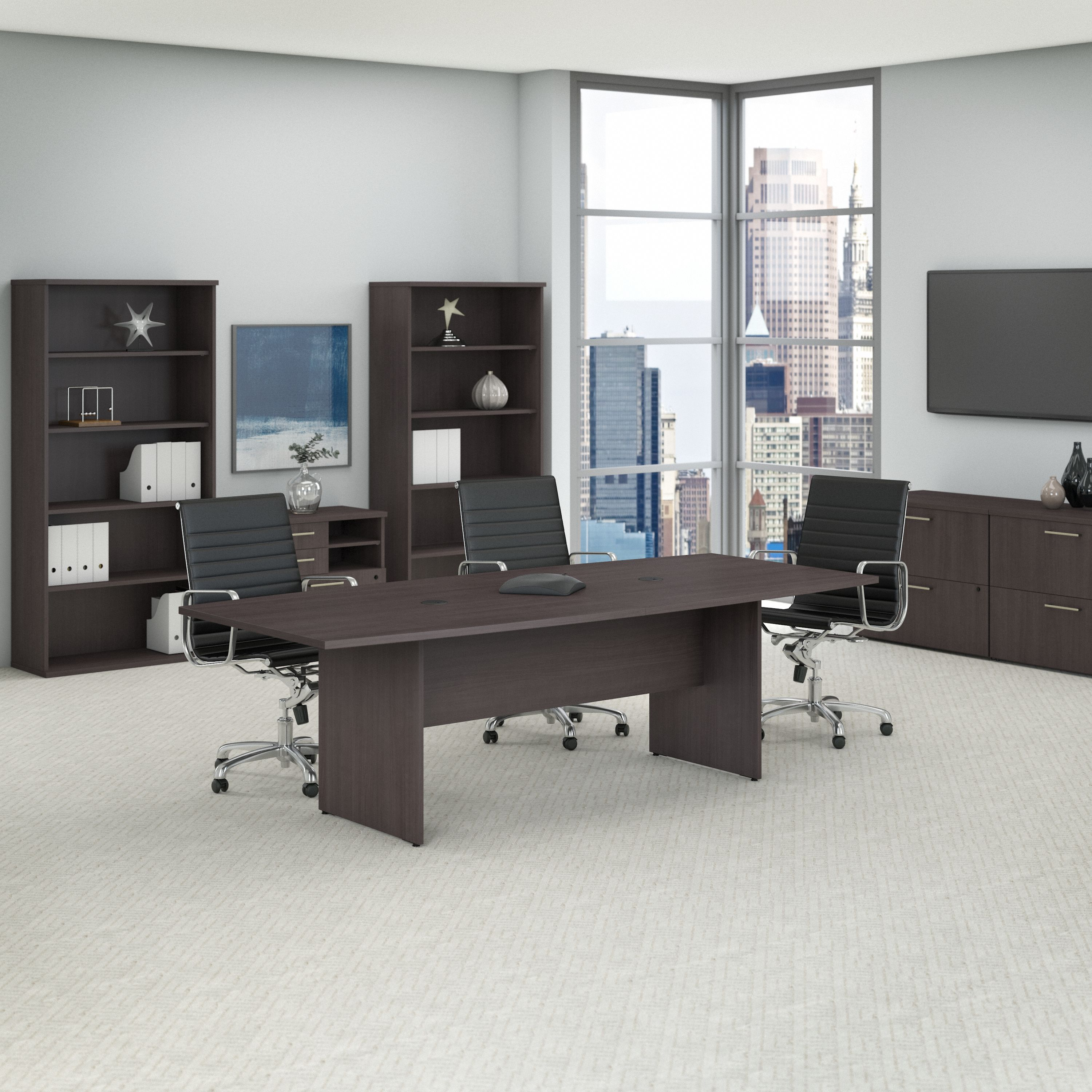 Shop Bush Business Furniture 96W x 42D Boat Shaped Conference Table with Wood Base 01 99TB9642SGK #color_storm gray