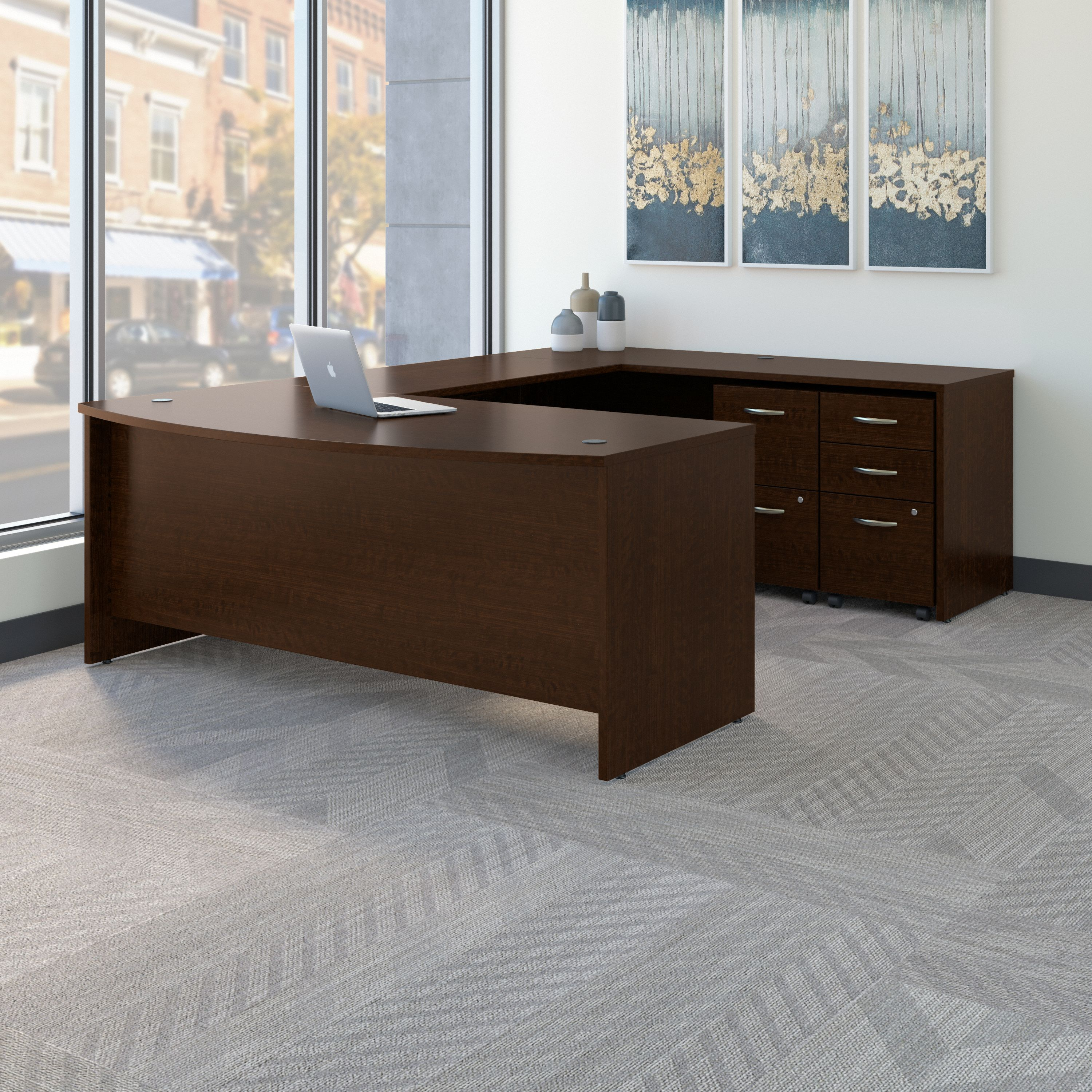 Shop Bush Business Furniture Series C 72W x 36D Bow Front U Shaped Desk with Mobile File Cabinets 01 SRC043MRSU #color_mocha cherry